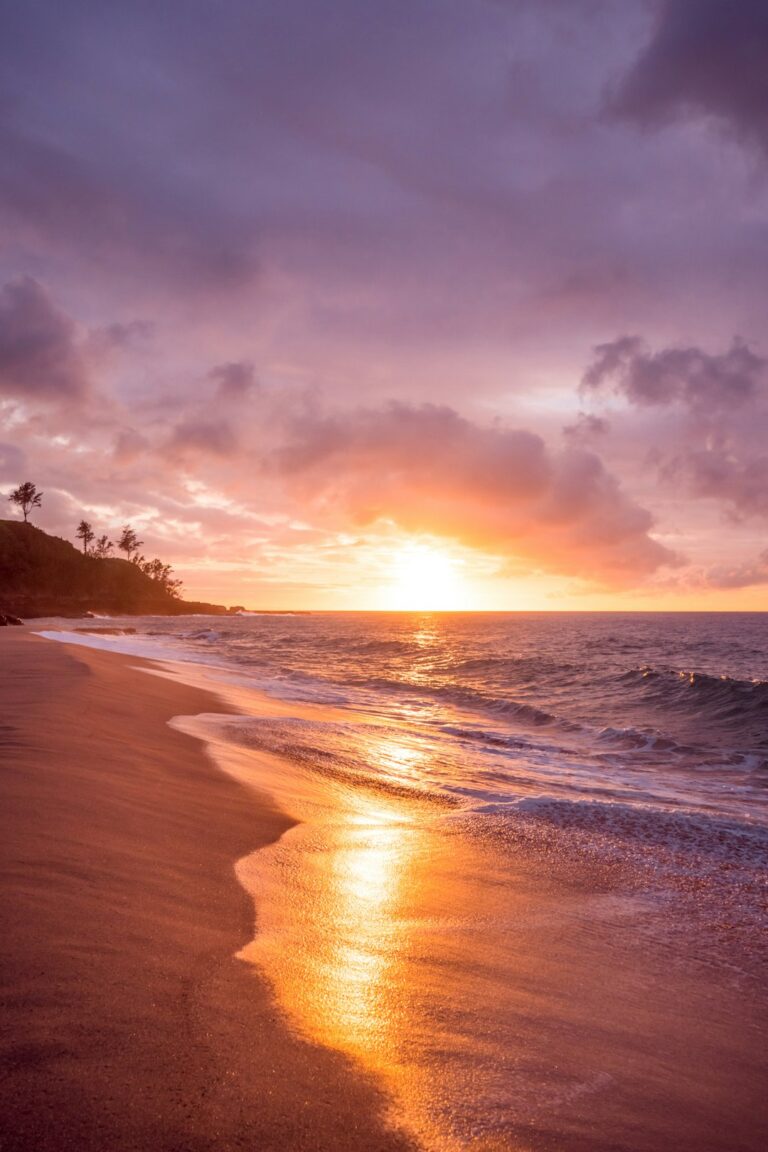 Hawaii beach at sunset, representing the setting of Brahman Galanti and Lyssa Chapman's 2009 Oahu wedding